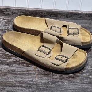 Lands End Women's Tan Leather Double Strap Slip On Comfort Sandal Size 9